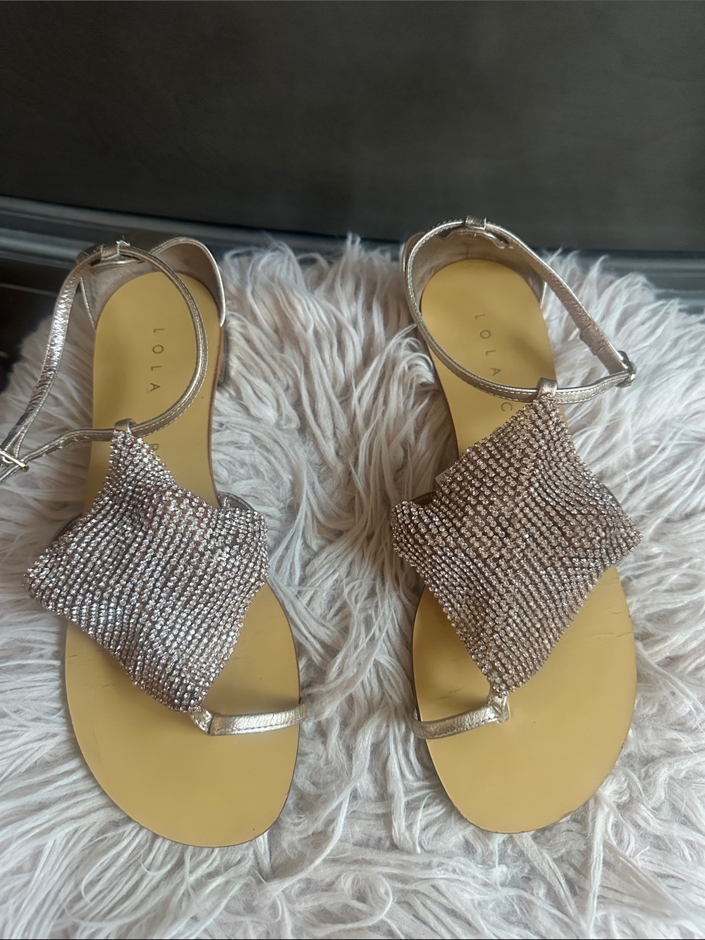 Lola Cruz Gold Metallic Crystal-Embellished Flat Sandals
